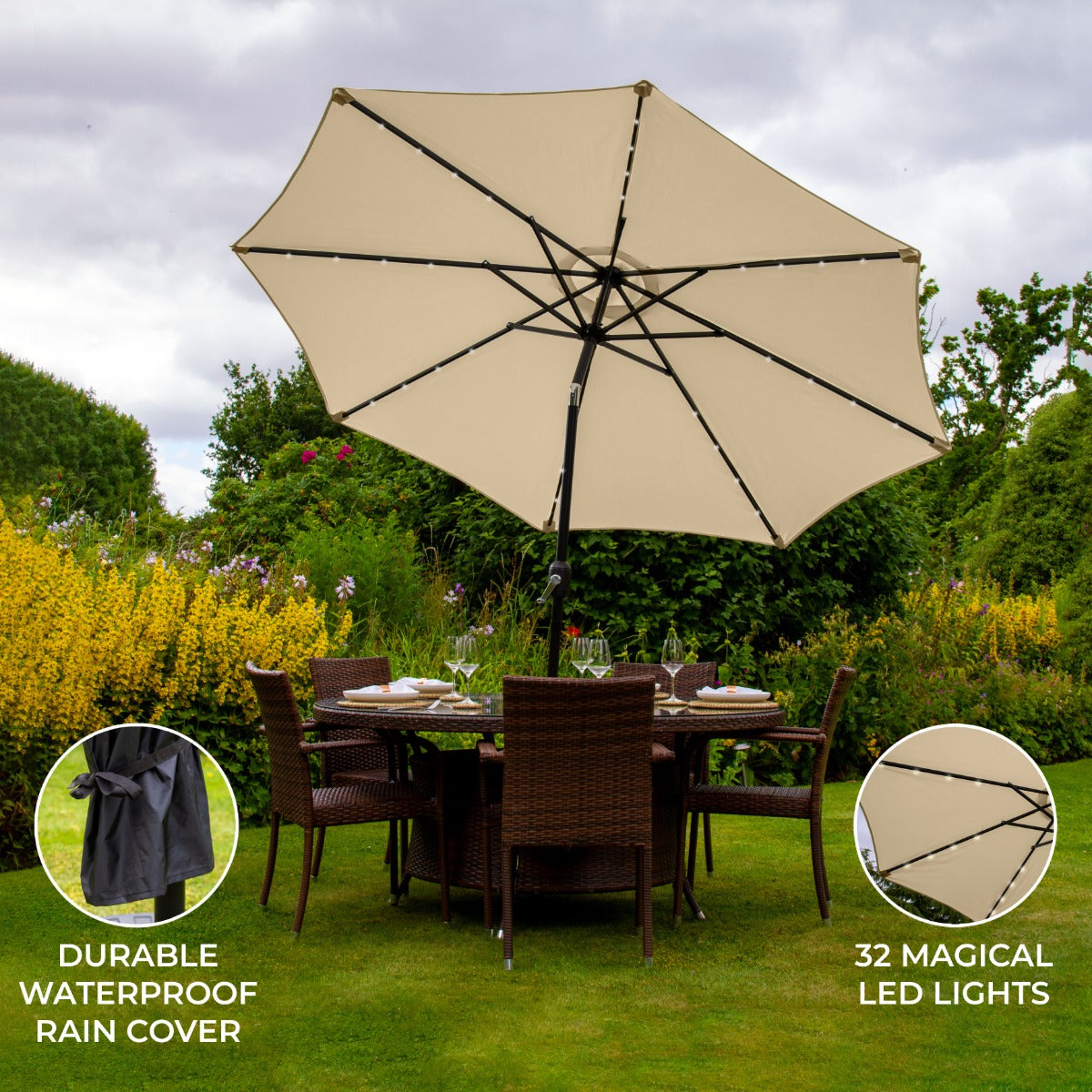 Beige 2.7m LED Tilt Parasol - Like New