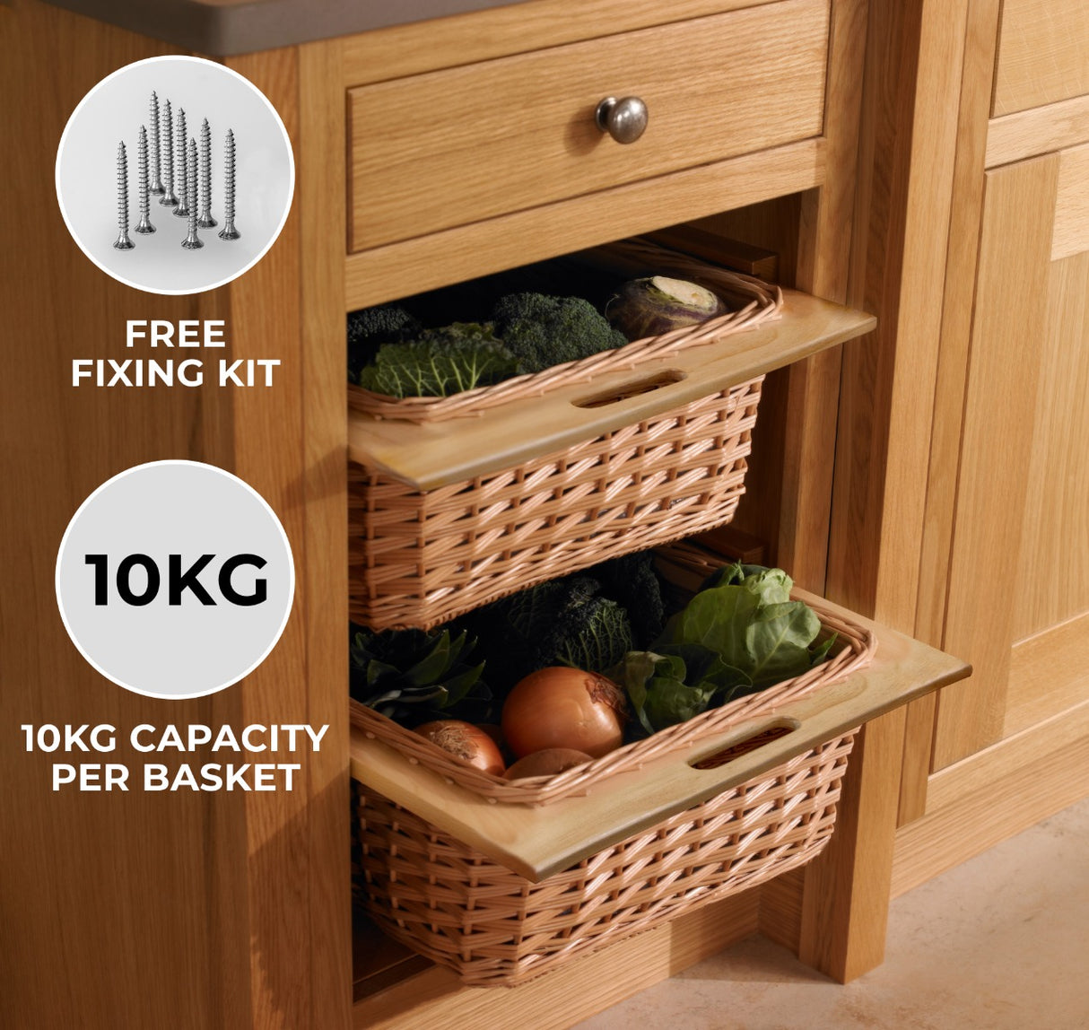 3 x Pull Out Wicker Kitchen Baskets 400mm - Used - Acceptable