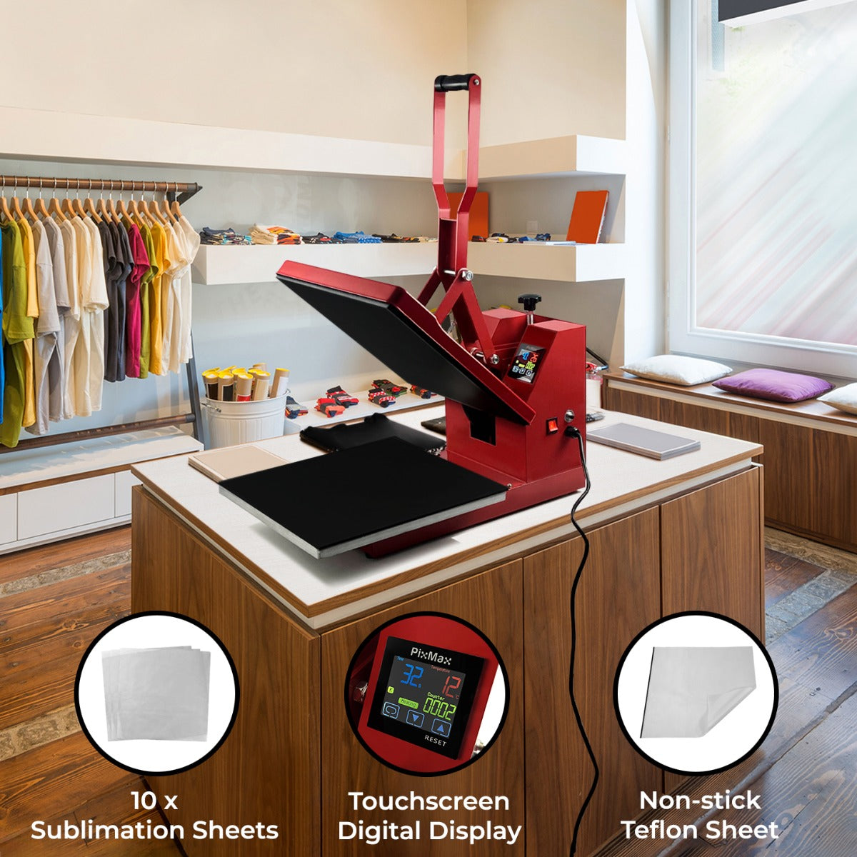 Clam Heat Press 38 x 38cm, Teflon Sheet & Sublimation Paper - Like New