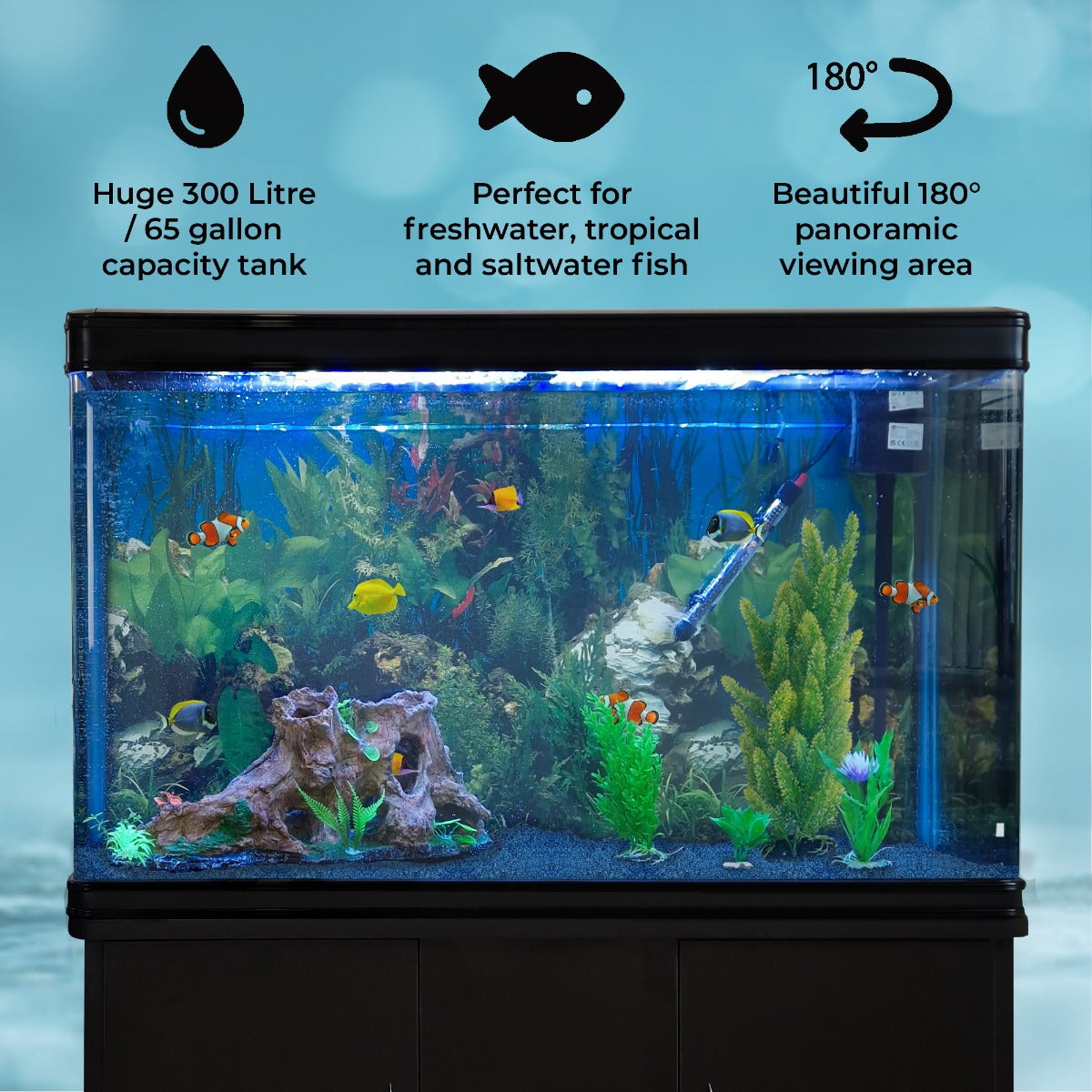 Aquarium Fish Tank & Cabinet with Complete Starter Kit - Black Tank & Blue Gravel - Like New