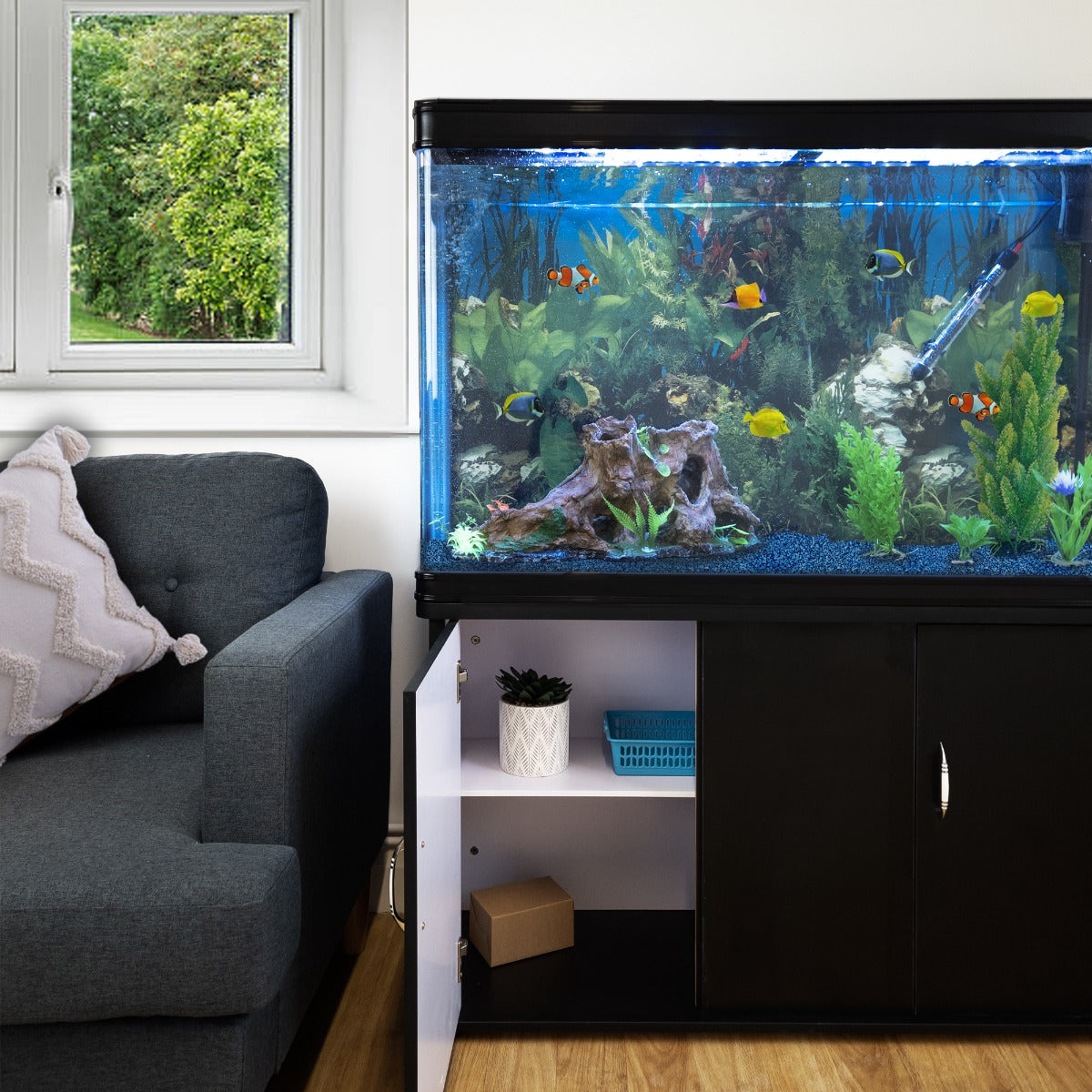 Aquarium Fish Tank & Cabinet with Complete Starter Kit - Black Tank & Blue Gravel - Like New