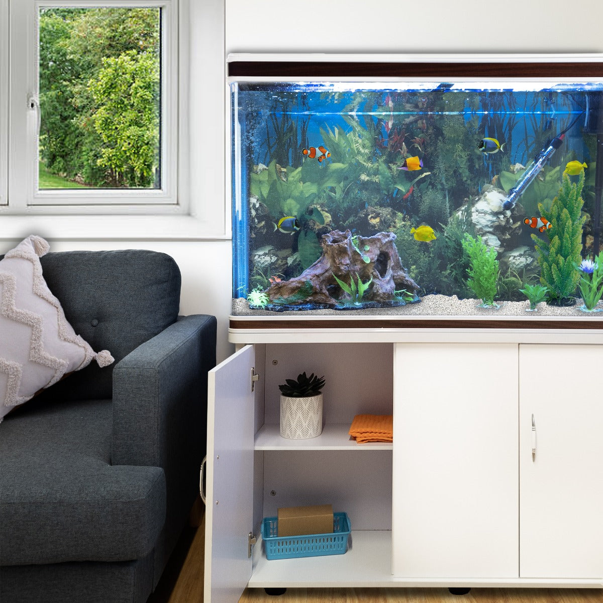 Aquarium Fish Tank &amp; Cabinet with Complete Starter Kit - White Tank &amp; White Gravel - Like New
