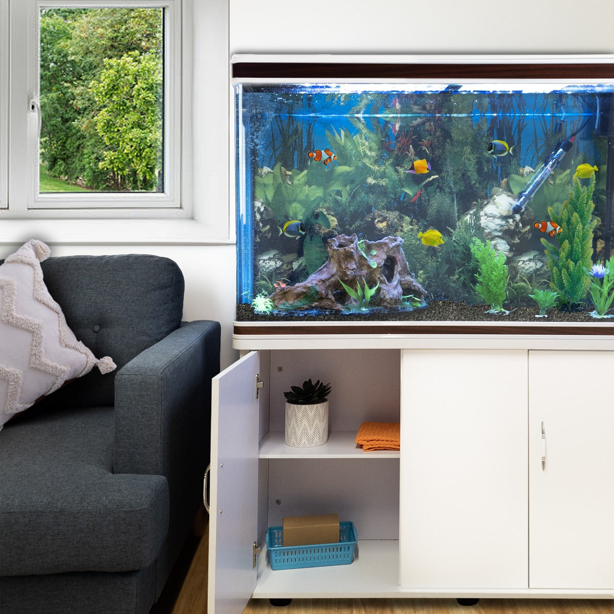 Aquarium Fish Tank &amp; Cabinet with Complete Starter Kit - White Tank &amp; Black Gravel - Used - Acceptable