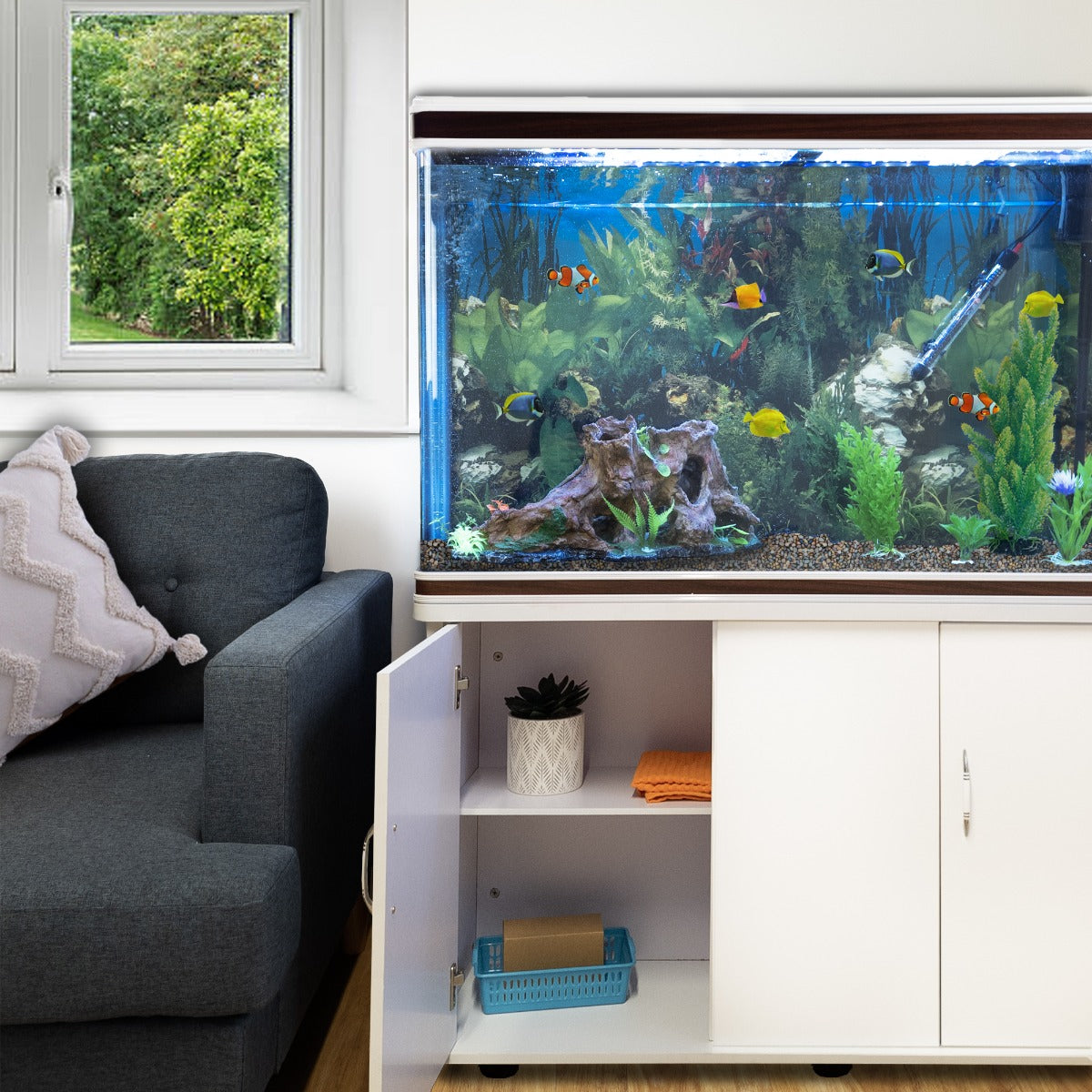 Aquarium Fish Tank &amp; Cabinet with Complete Starter Kit - White Tank &amp; Natural Gravel - Like New