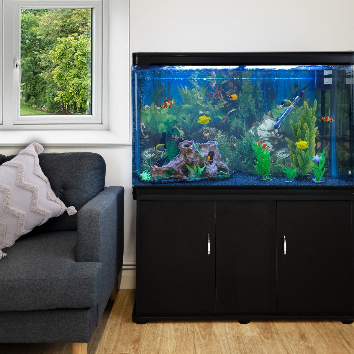 Aquarium Fish Tank & Cabinet with Complete Starter Kit - Black Tank & Blue Gravel - Like New