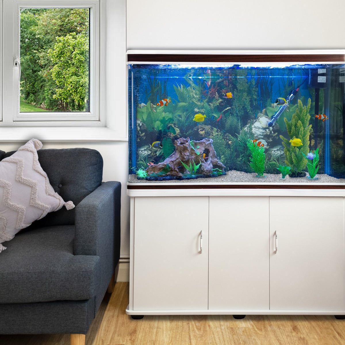 Aquarium Fish Tank &amp; Cabinet with Complete Starter Kit - White Tank &amp; White Gravel - Like New