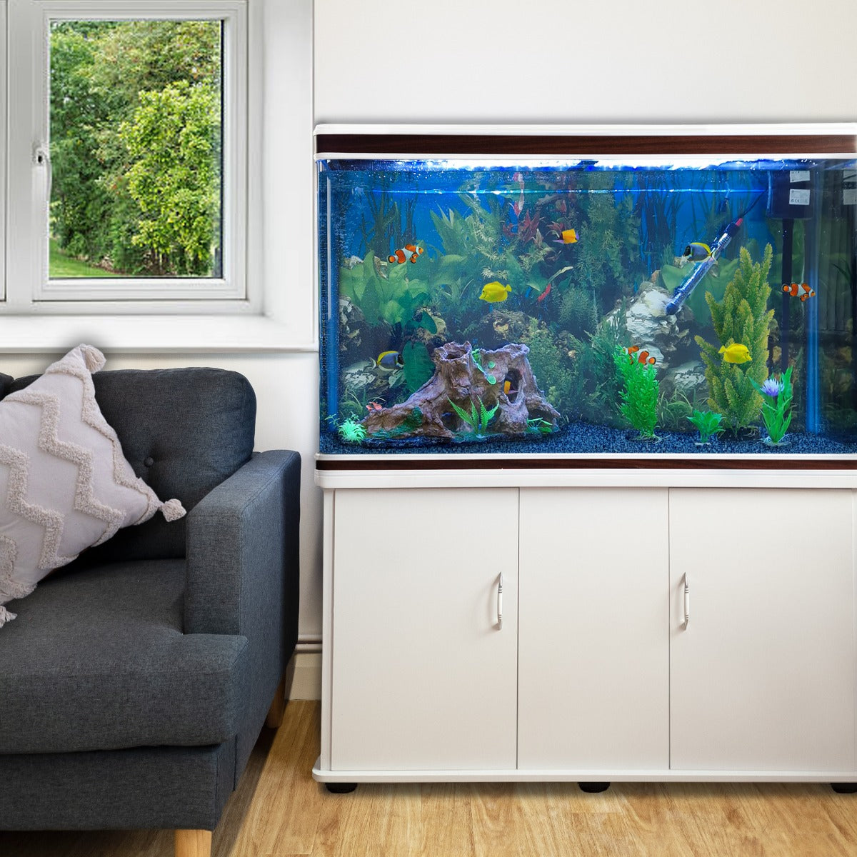 Aquarium Fish Tank &amp; Cabinet with Complete Starter Kit - White Tank &amp; Blue Gravel - Like New