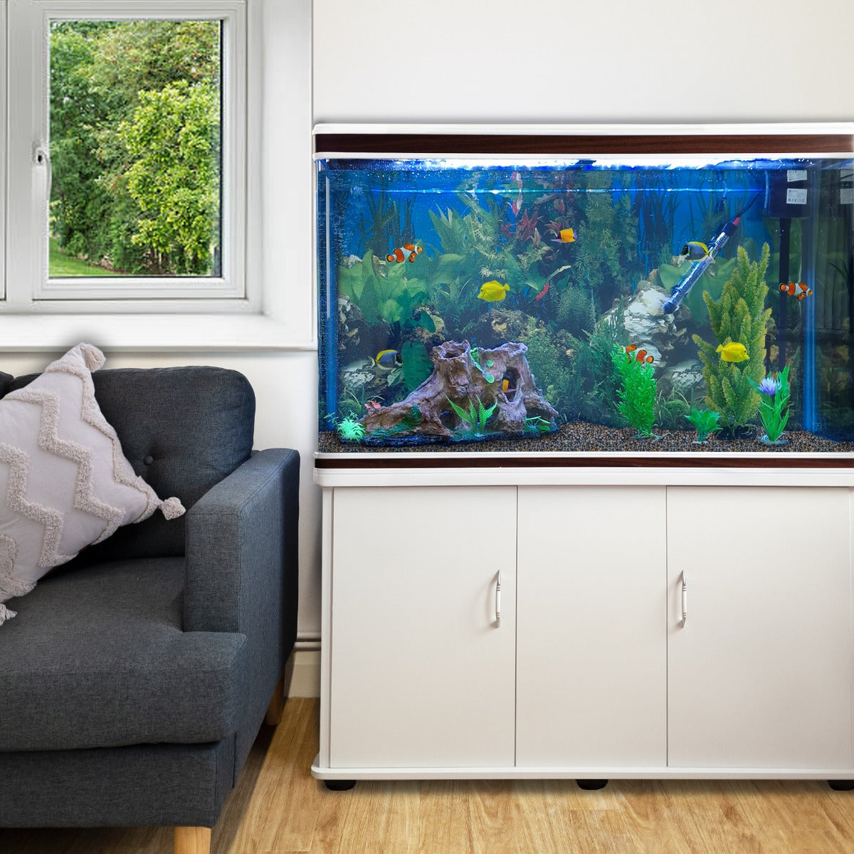 Aquarium Fish Tank &amp; Cabinet with Complete Starter Kit - White Tank &amp; Natural Gravel - Like New